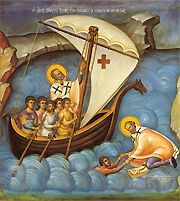an icon of St Nicholas coming to the aid of sailors in peril
